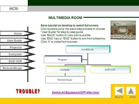 BACKEND MULTIMEDIA ROOM Home User Guide Computer Projector DVD/ VCR Remote Mouse Save tutorial on desktop to watch full screen. Click boxes to jump into.