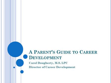 A P ARENT ’ S G UIDE TO C AREER D EVELOPMENT Carol Dougherty, M.S. LPC Director of Career Development.