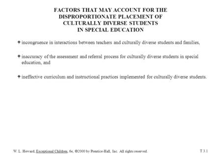 FACTORS THAT MAY ACCOUNT FOR THE DISPROPORTIONATE PLACEMENT OF CULTURALLY DIVERSE STUDENTS IN SPECIAL EDUCATION Wincongruence in interactions between teachers.