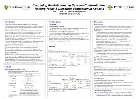 Examining the Relationship Between Confrontational Naming Tasks & Discourse Production in Aphasia Leila D. Luna & Gerasimos Fergadiotis Portland State.