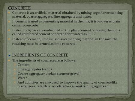 CONCRETE INGREDIENTS OF CONCRETE