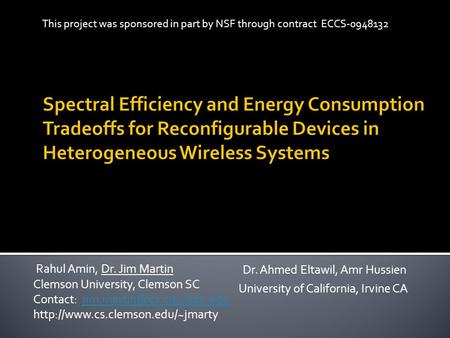 Rahul Amin, Dr. Jim Martin Clemson University, Clemson SC Contact: