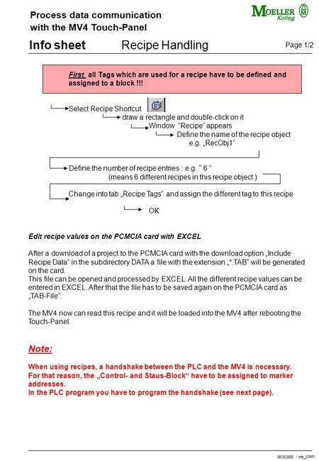 Process data communication with the MV4 Touch-Panel Info sheetRecipe Handling First all Tags which are used for a recipe have to be defined and assigned.
