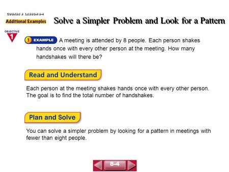 A meeting is attended by 8 people. Each person shakes hands once with every other person at the meeting. How many handshakes will there be? Solve a Simpler.