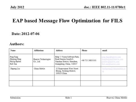 Doc.: IEEE 802.11-11/0780r1 Submission NameAffiliationsAddressPhoneemail Ping Fang Zhiming Ding Phillip Barber Rob Sun Huawei Technologies Co., Ltd. Bldg.