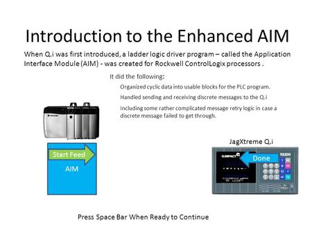 Introduction to the Enhanced AIM When Q.i was first introduced, a ladder logic driver program – called the Application Interface Module (AIM) - was created.