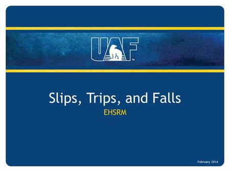 Slips, Trips, and Falls EHSRM February 2014. Slips, Trips, and Falls Target Audience – All UAF employees and students Objectives – Increase employee awareness.