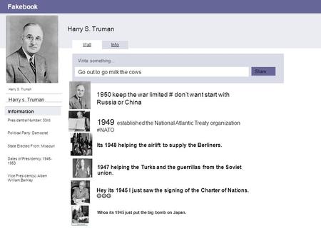 Fakebook Harry S. Truman Wall Info Go out to go milk the cows Write something… Share Information Presidential Number: 33rd Political Party: Democrat State.