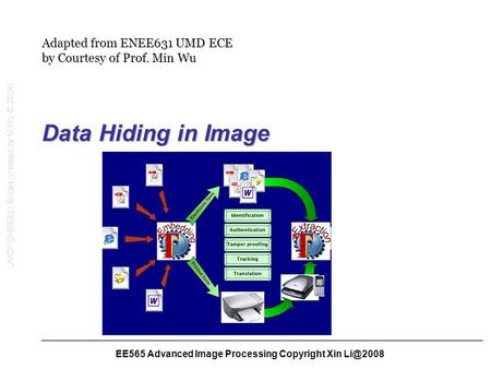 EE565 Advanced Image Processing Copyright Xin Data Hiding in Image Adapted from ENEE631 UMD ECE by Courtesy of Prof. Min Wu UMCP ENEE631 Slides.