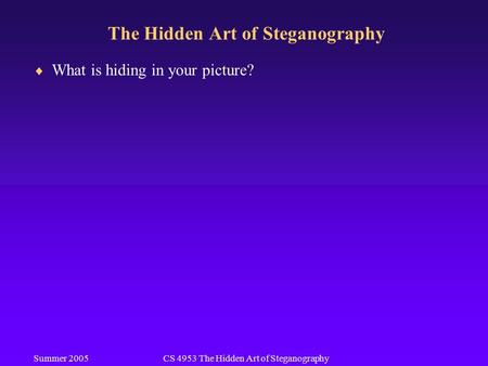 Summer 2005CS 4953 The Hidden Art of Steganography The Hidden Art of Steganography  What is hiding in your picture?