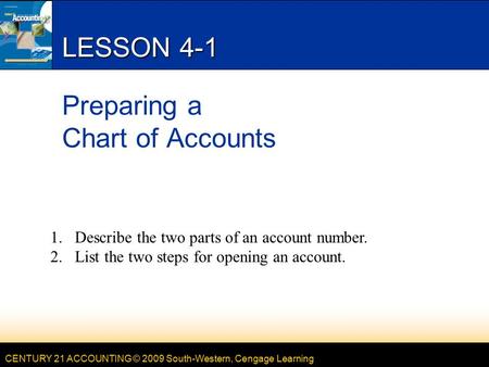 CENTURY 21 ACCOUNTING © 2009 South-Western, Cengage Learning LESSON 4-1 Preparing a Chart of Accounts 1.Describe the two parts of an account number. 2.List.