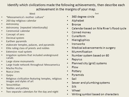 Identify which civilizations made the following achievements, then describe each achievement in the margins of your map. East 360 degree circle Alphabet.