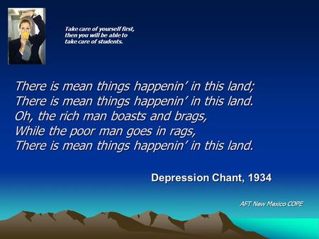 There is mean things happenin’ in this land; There is mean things happenin’ in this land. Oh, the rich man boasts and brags, While the poor man goes in.