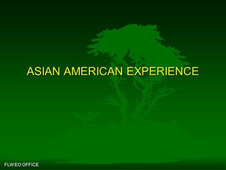 FLW EO OFFICE ASIAN AMERICAN EXPERIENCE. FLW EO OFFICE 2 Overview F Define Asian-American Origins F Origins and Historical Perspective F Contemporary.