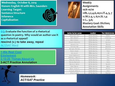 Weekly Assignments 10/6-10/10 11RL.1,2,4,6,10;11.IT.4, 5, 7 11.W.2.4, 1, 6;11.SL 1,4 11 L.. 3,6; Mastery Goal: Diction; Annotation Skills Wednesday, October.