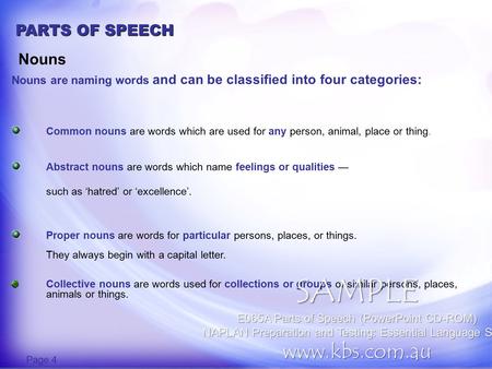 PARTS OF SPEECH Nouns Nouns are naming words and can be classified into four categories: Common nouns are words which are used for any person, animal,