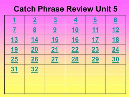 6 789101112 131415161718 192021222324 252627282930 3132 Catch Phrase Review Unit 5 54321.