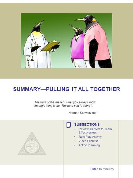 TIME: 45 minutes SUBSECTIONS Review: Barriers to Team Effectiveness Role Play Activity Video Exercise Action Planning The truth of the matter is that you.