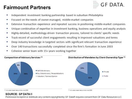 Fairmount Partners  Independent investment banking partnership based in suburban Philadelphia  Focused on the needs of owner-managed, middle-market companies.