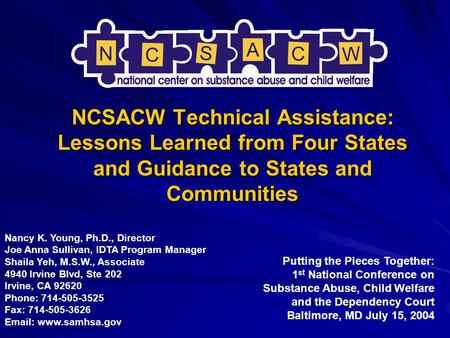 NCSACW Technical Assistance: Lessons Learned from Four States and Guidance to States and Communities Putting the Pieces Together: 1 st National Conference.