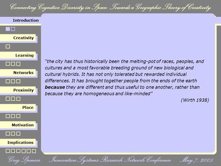 Connecting Cognitive Diversity in Space: Towards a Geographic Theory of Creativity Creativity Learning Networks Proximity Place Motivation Implications.