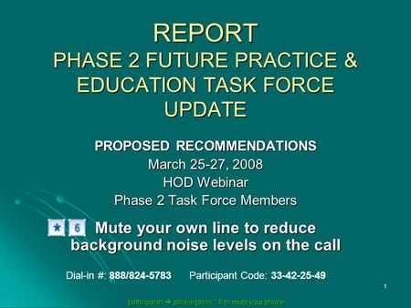 Participants  please press * 6 to mute your phone participants  please press * 6 to mute your phone 1 REPORT PHASE 2 FUTURE PRACTICE & EDUCATION TASK.