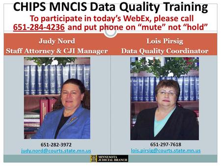 Judy Nord Staff Attorney & CJI Manager Judy Nord Staff Attorney & CJI Manager Lois Pirsig Data Quality Coordinator Lois Pirsig Data Quality Coordinator.