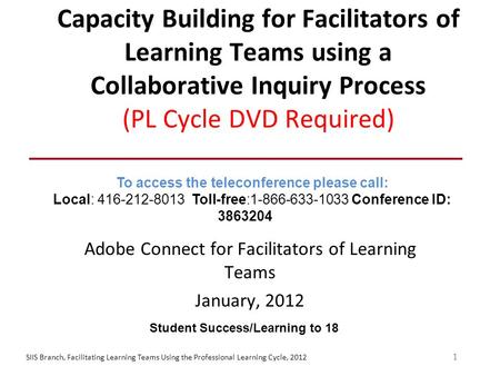 SIIS Branch, Facilitating Learning Teams Using the Professional Learning Cycle, 2012 11 Capacity Building for Facilitators of Learning Teams using a Collaborative.