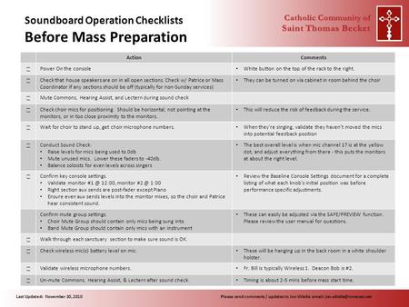 Soundboard Operation Checklists Before Mass Preparation ActionComments  Power On the console White button on the top of the rack to the right.  Check.