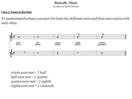 Basically, Music (a class on music basics) Class 2: Tempo & Rhythms To understand rhythms you must fist learn the different notes and their association.