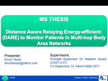 DARE Institute of Space Technology 1 1 Presenter: Anum Tauqir Supervisors: Principle Supervisor: Dr. Nadeem Javaid (CAST-CIIT) Co-Supervisor: