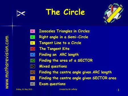 Friday, 01 May 2015Friday, 01 May 2015Friday, 01 May 2015Friday, 01 May 2015Created by Mr Lafferty 1 The Circle www.mathsrevision.com Finding an ARC length.