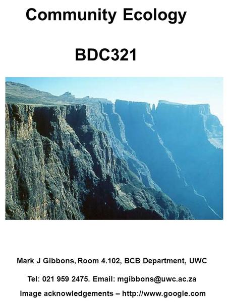 Community Ecology BDC321 Mark J Gibbons, Room 4.102, BCB Department, UWC Tel: 021 959 2475.   Image acknowledgements –