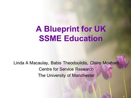 A Blueprint for UK SSME Education Linda A Macaulay, Babis Theodoulidis, Claire Moxham Centre for Service Research The University of Manchester.