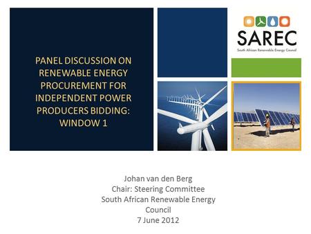 PANEL DISCUSSION ON RENEWABLE ENERGY PROCUREMENT FOR INDEPENDENT POWER PRODUCERS BIDDING: WINDOW 1 Johan van den Berg Chair: Steering Committee South African.