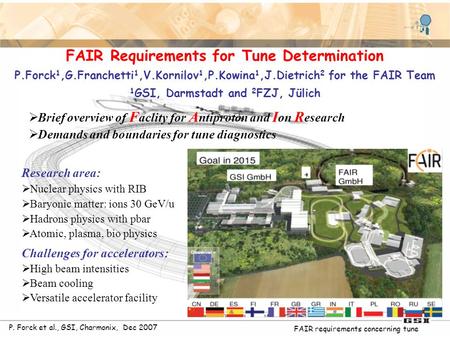 L. Groening, Sept. 15th, 2003 GSI-Palaver, Dec. 10 th, 2003, A dedicated proton accelerator for p-physics at the future GSI facilities P. Forck et al.,