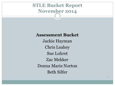 STLE Bucket Report November 2014 Assessment Bucket Jackie Hayman Chris Leahey Sue Lohret Zac Mekker Donna Marie Norton Beth Silfer 1.