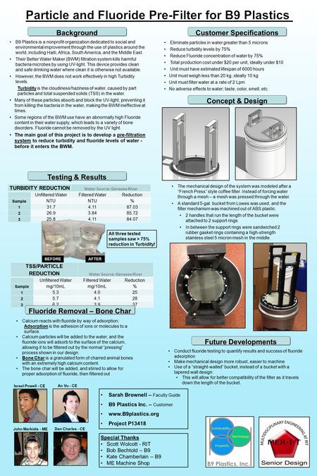 Israel Powell - CE An Vu - CE John Markidis - ME Dan Charles - CE Sarah Brownell – Faculty Guide B9 Plastics Inc. – Customer www.B9plastics.org Project.