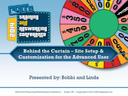 CSO’s 2014 Training & Networking Conference | Austin, TX | Copyright © 2014 CSO Research, Inc. Behind the Curtain – Site Setup & Customization for the.