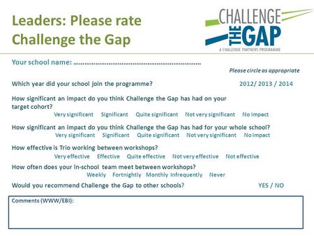 Your school name: …………………………………………………………… Please circle as appropriate Which year did your school join the programme? 2012/ 2013 / 2014 How significant.