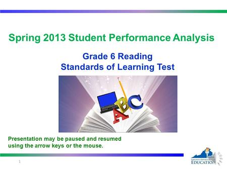 1 Spring 2013 Student Performance Analysis Grade 6 Reading Standards of Learning Test 1 Presentation may be paused and resumed using the arrow keys or.