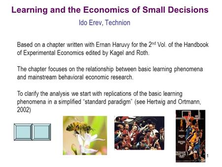 1 Learning and the Economics of Small Decisions Ido Erev, Technion Based on a chapter written with Ernan Haruvy for the 2 nd Vol. of the Handbook of Experimental.