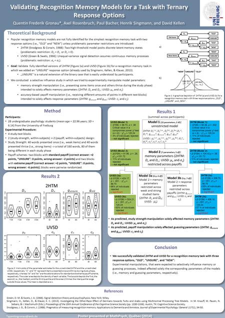 Quentin Frederik Gronau*, Axel Rosenbruch, Paul Bacher, Henrik Singmann, and David Kellen Poster presented at MathPsych, Québec (2014) Validating Recognition.