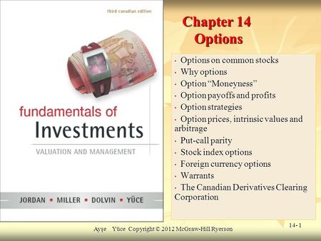 14- 1 Chapter 14 Options Options on common stocks Options on common stocks Why options Why options Option “Moneyness” Option “Moneyness” Option payoffs.