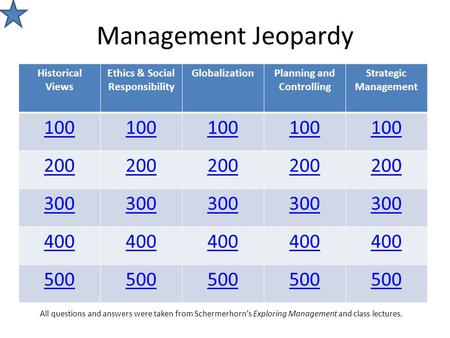 Management Jeopardy Historical Views Ethics & Social Responsibility GlobalizationPlanning and Controlling Strategic Management 100 200 300 400 500 All.