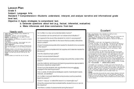 Lesson Plan Grade 5 Subject: Language Arts Standard 7 Comprehension—Students understand, interpret, and analyze narrative and informational grade level.