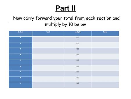 Part II Now carry forward your total from each section and multiply by 10 below SectionTotalMultiplyScore 1 X10 2 3 4 5 6 7 8 9 :