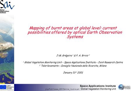 Space Applications Institute (jmg/Publi/Varese_2001/Seminar_Insubria.ppt) Global Vegetation Monitoring Unit Mapping of burnt areas at global level: current.