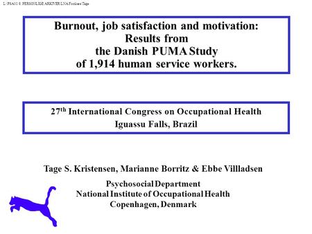 27 th International Congress on Occupational Health Iguassu Falls, Brazil Tage S. Kristensen, Marianne Borritz & Ebbe Villladsen Psychosocial Department.