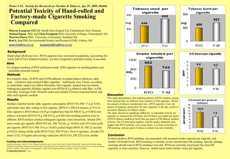 Poster 3-41, Society for Research on Nicotine & Tobacco, Apr 29, 2009, Dublin Potential Toxicity of Hand-rolled and Factory-made Cigarette Smoking Compared.